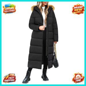 Long Puffer Coat Women Maxi Length Quilted Down Jacket Removable Fur Hood